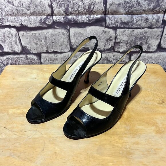 Ann Marino Black Peep Toe Slingback Leather Heels Size 6.5 - Picture 1 of 6